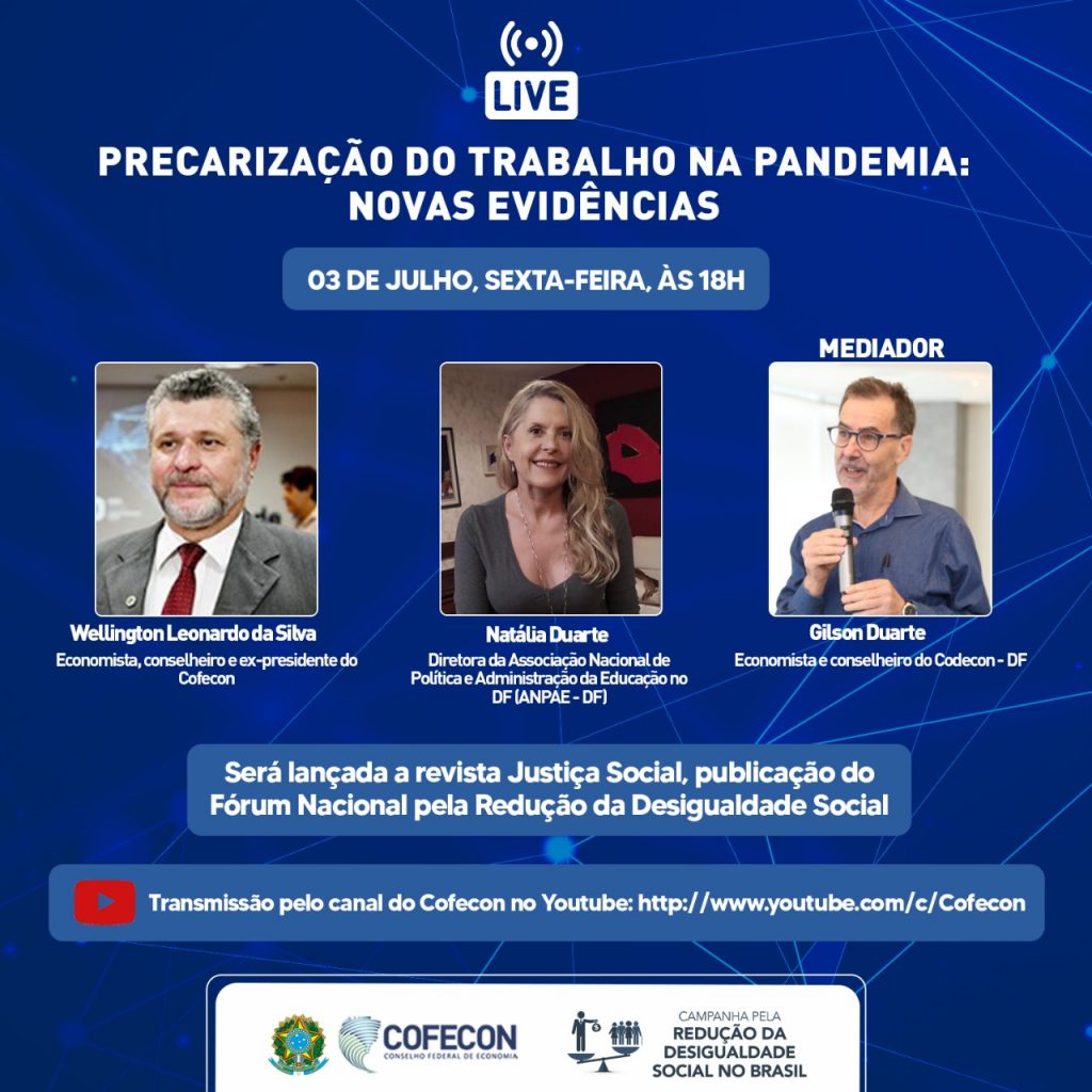 Fórum Nacional pela Redução da Desigualdade Social realizará debate sobre precarização do trabalho na pandemia
