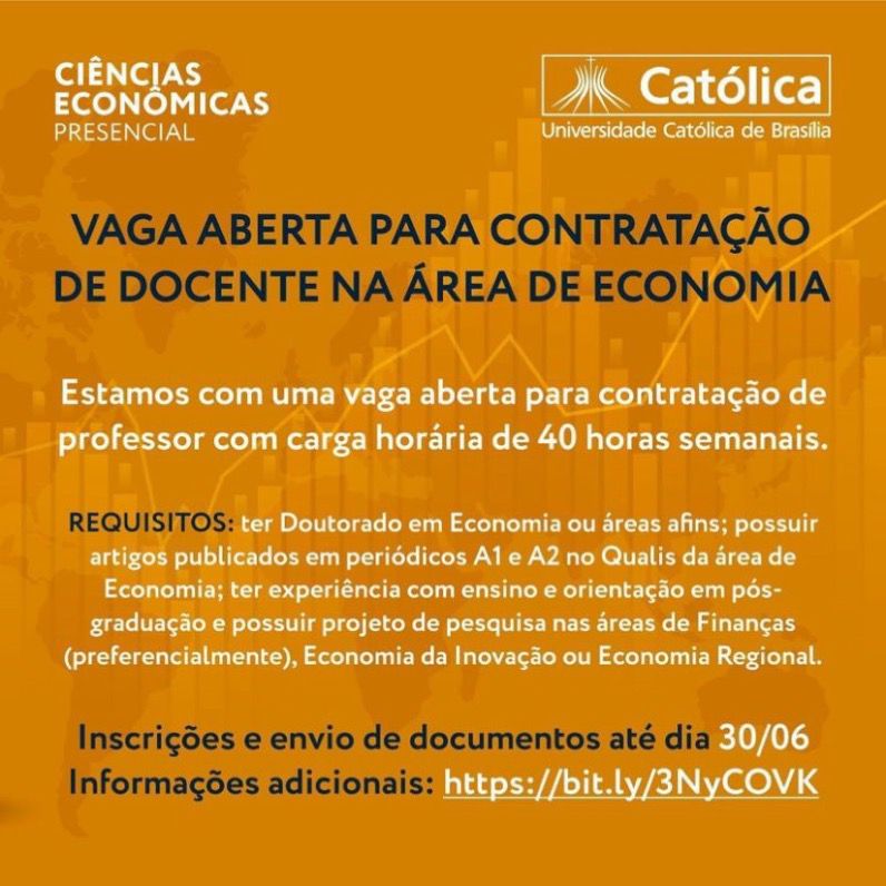 Vaga aberta para contratação de docente na área de Economia na UCB