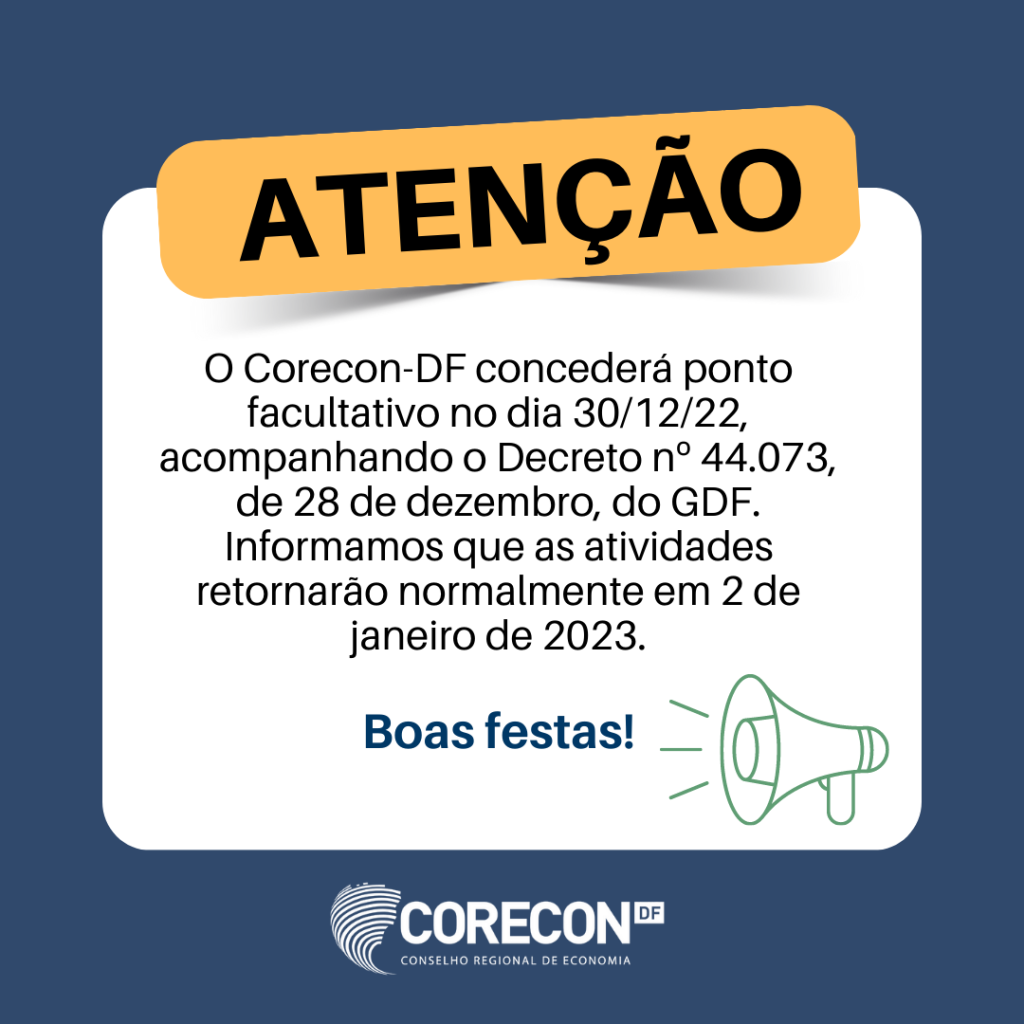 Corecon-DF concede ponto facultativo na sexta-feira, 30 de dezembro