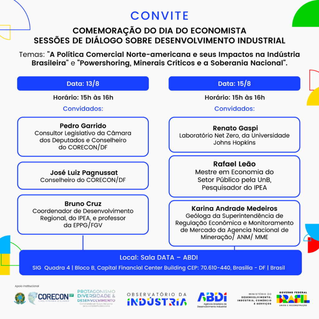 Em celebração ao Dia do Economista, a ABDI promove sessões de diálogo sobre desenvolvimento industrial com apoio do Corecon-DF